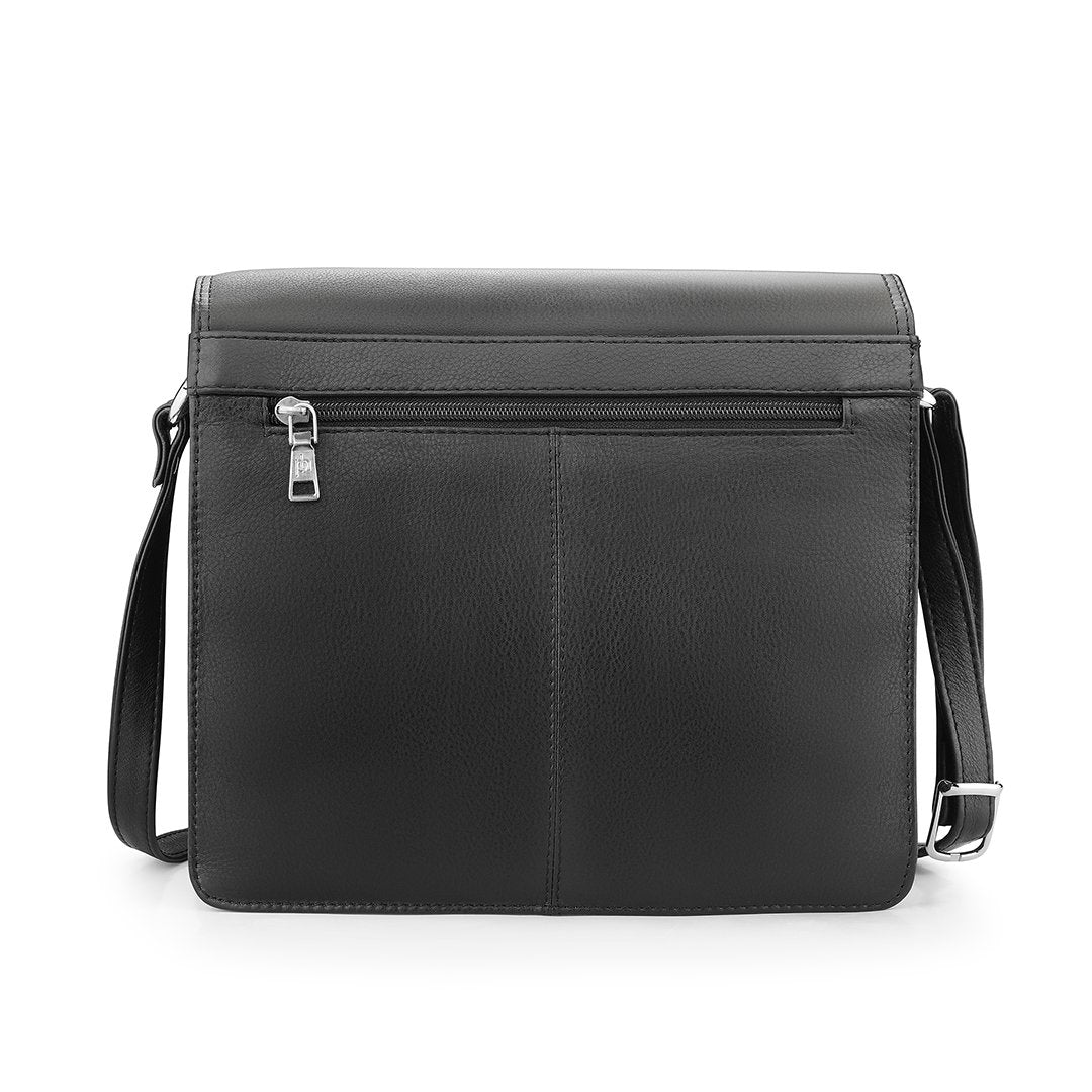 The back view of the black leather organizer bag featuring a secure zippered pocket, ideal for easy access to small essentials like keys or a phone.