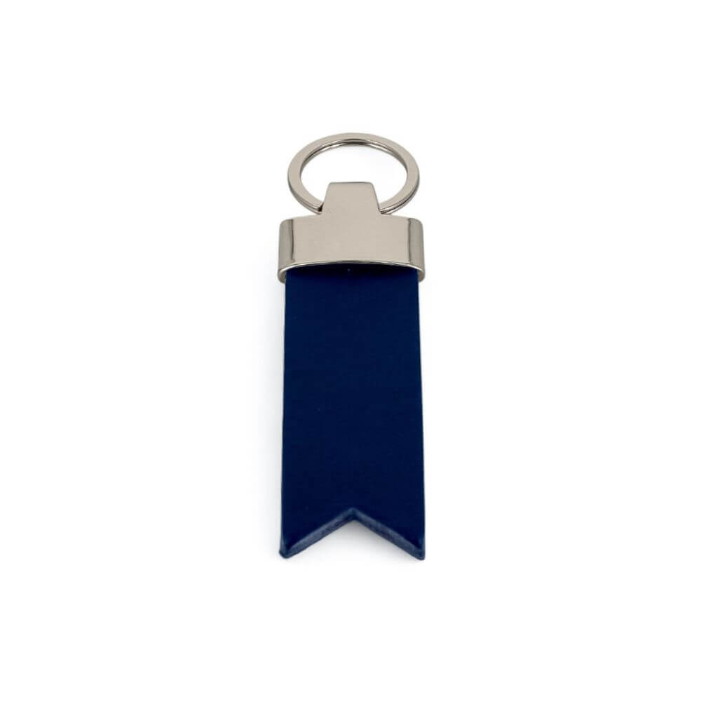 Navy blue keychain with silver ring on a white background