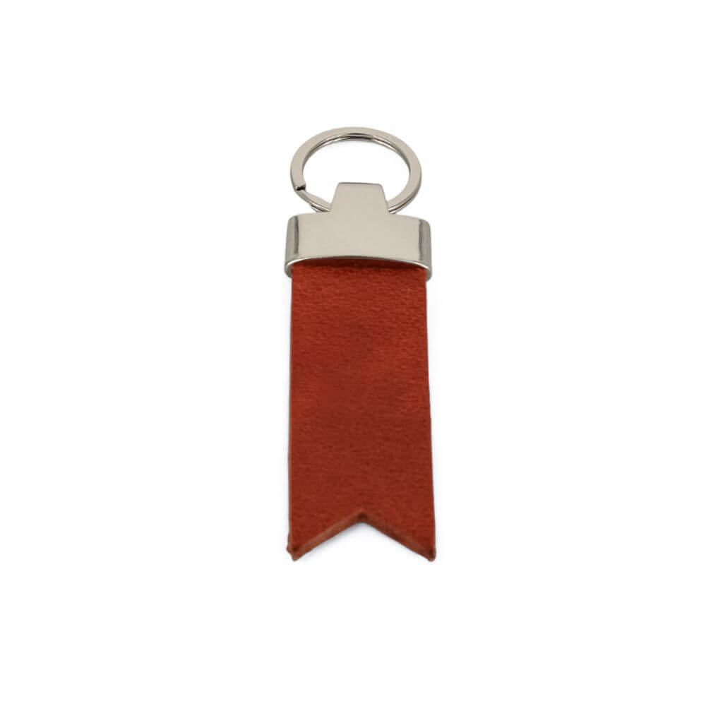 Brown leather keychain with silver ring on a white background