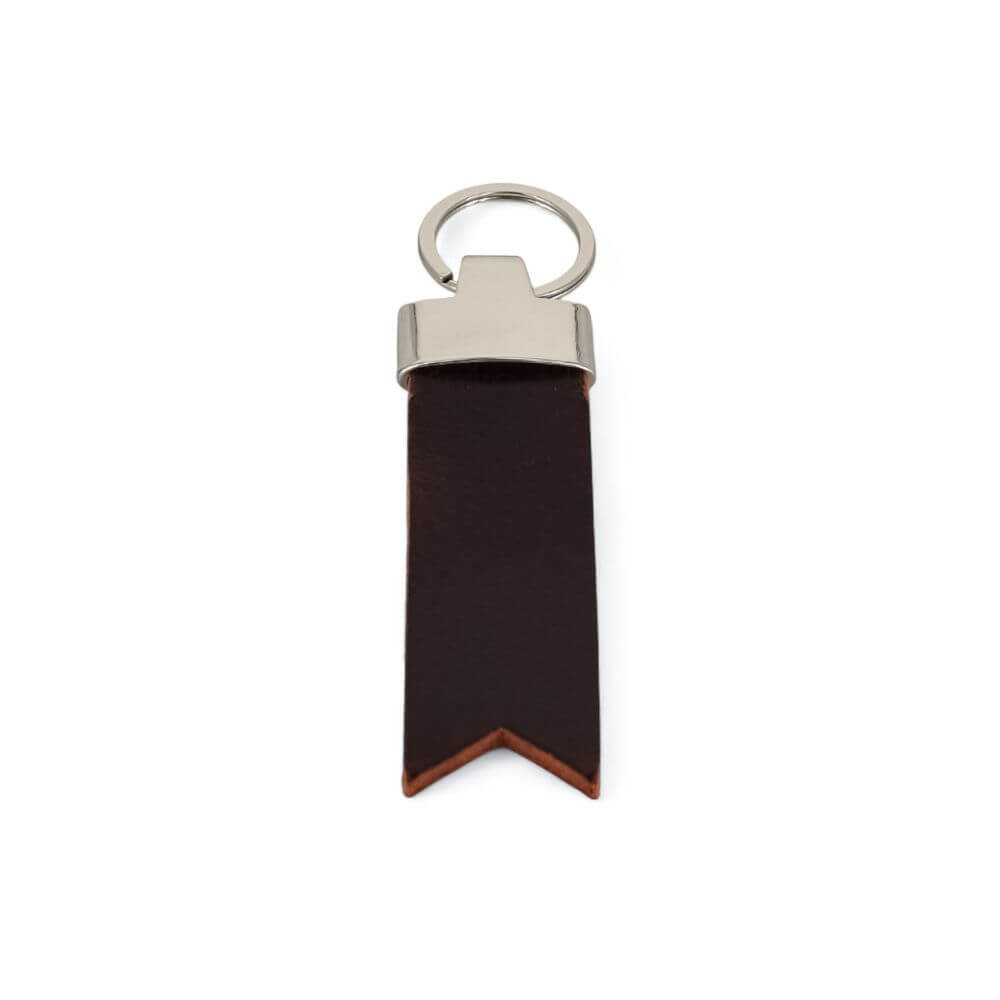 Dark Brown leather keychain with silver ring on a white background