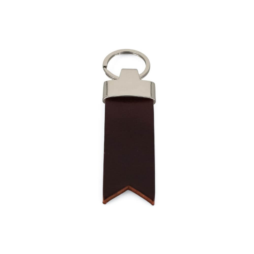 Brown leather keychain with silver metal ring on a white background