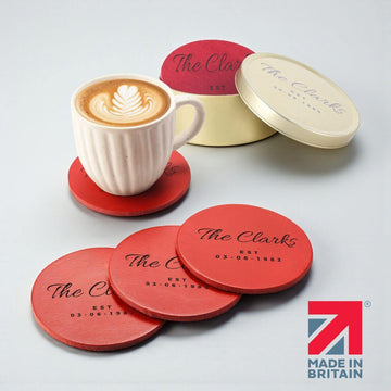 Leather Coasters Set of 8 with Gold Tin – Handmade in the UK