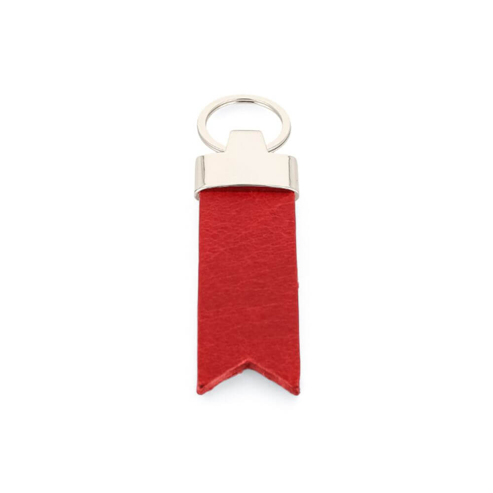 Red keychain with silver ring on a white background
