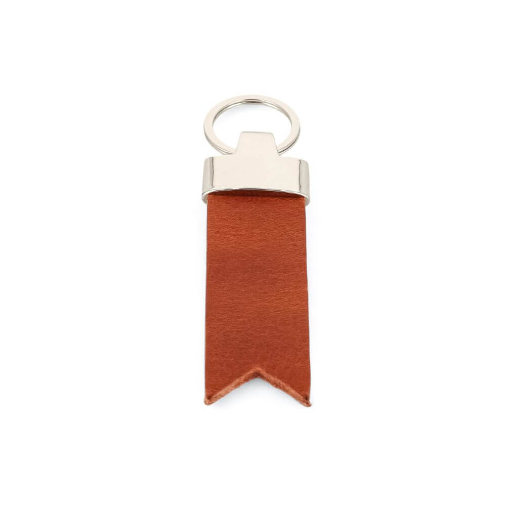 Brown leather keychain with silver ring on a white background