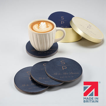 Handmade navy leather coasters set of 4, British made gift set in gold tin