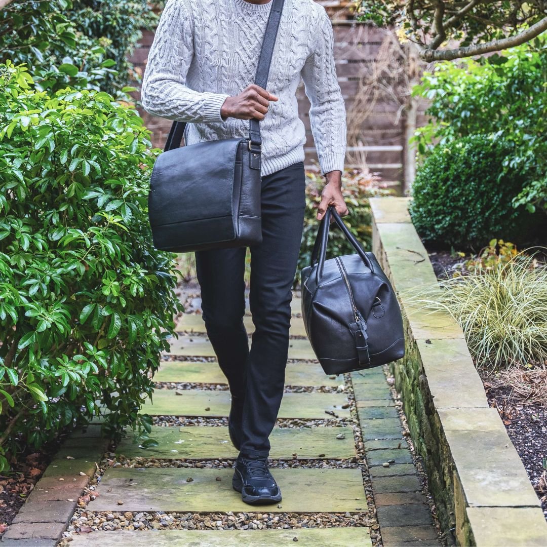 Black leather messenger bag front