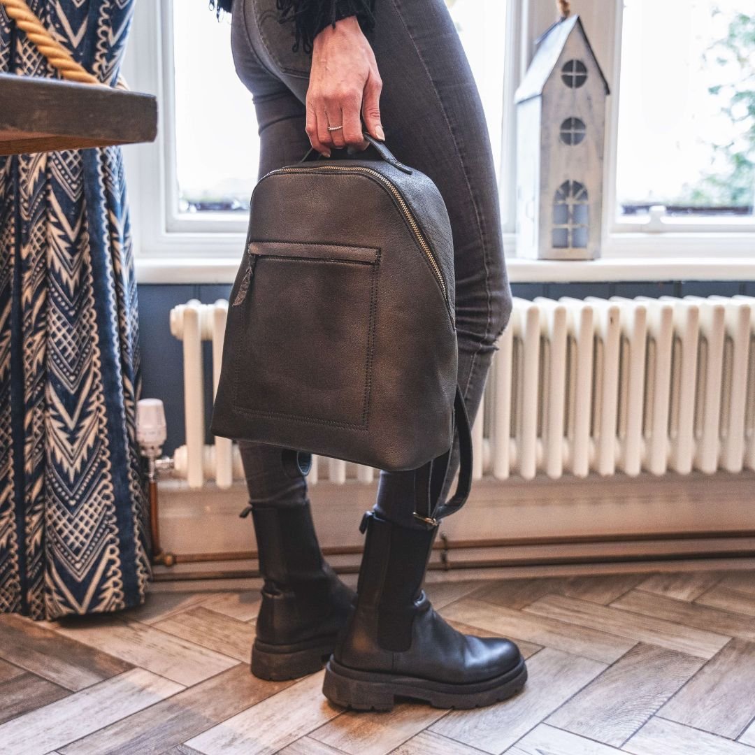 Black leather backpack, Minimalist rucksack for women.