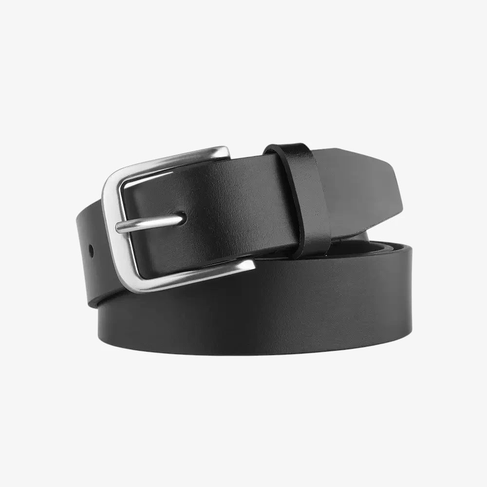 Black leather belt with a silver buckle on a white background