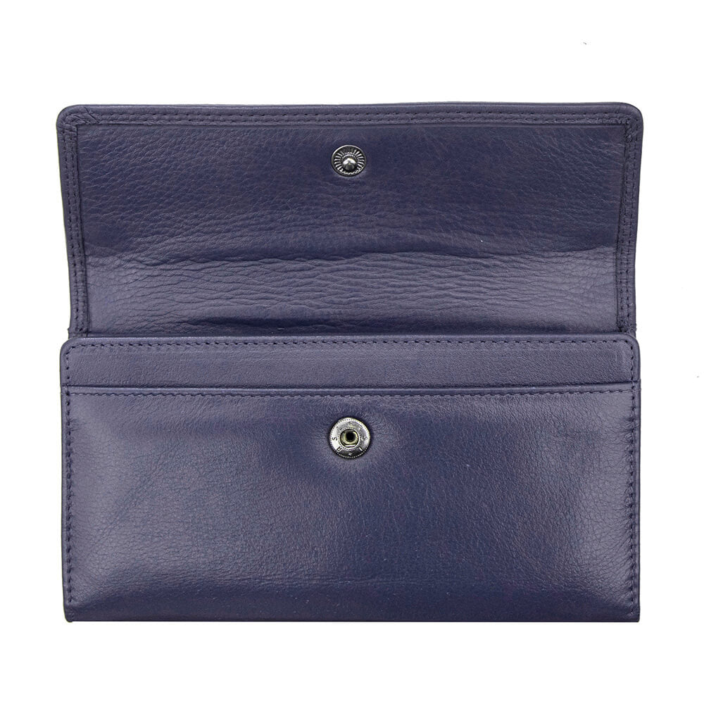 Purple leather wallet with metal buttons on a white background