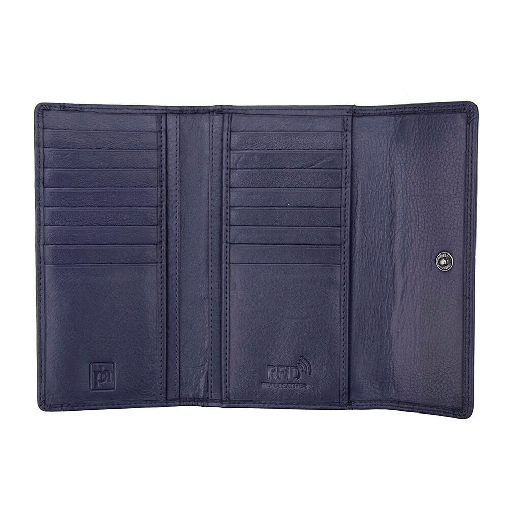 Purple wallet with multiple card slots on a white background