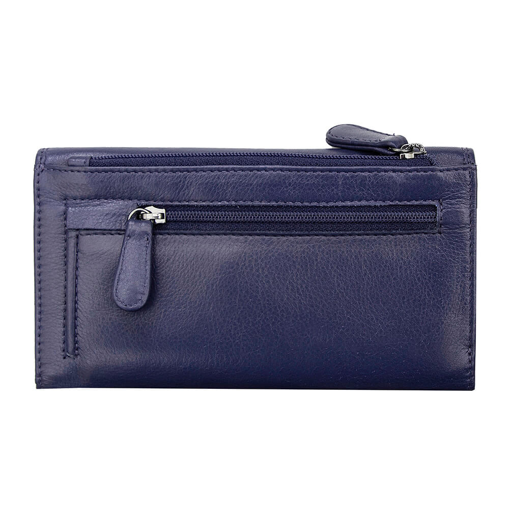 Back view of purple  leather wallet with a zipper on a white background