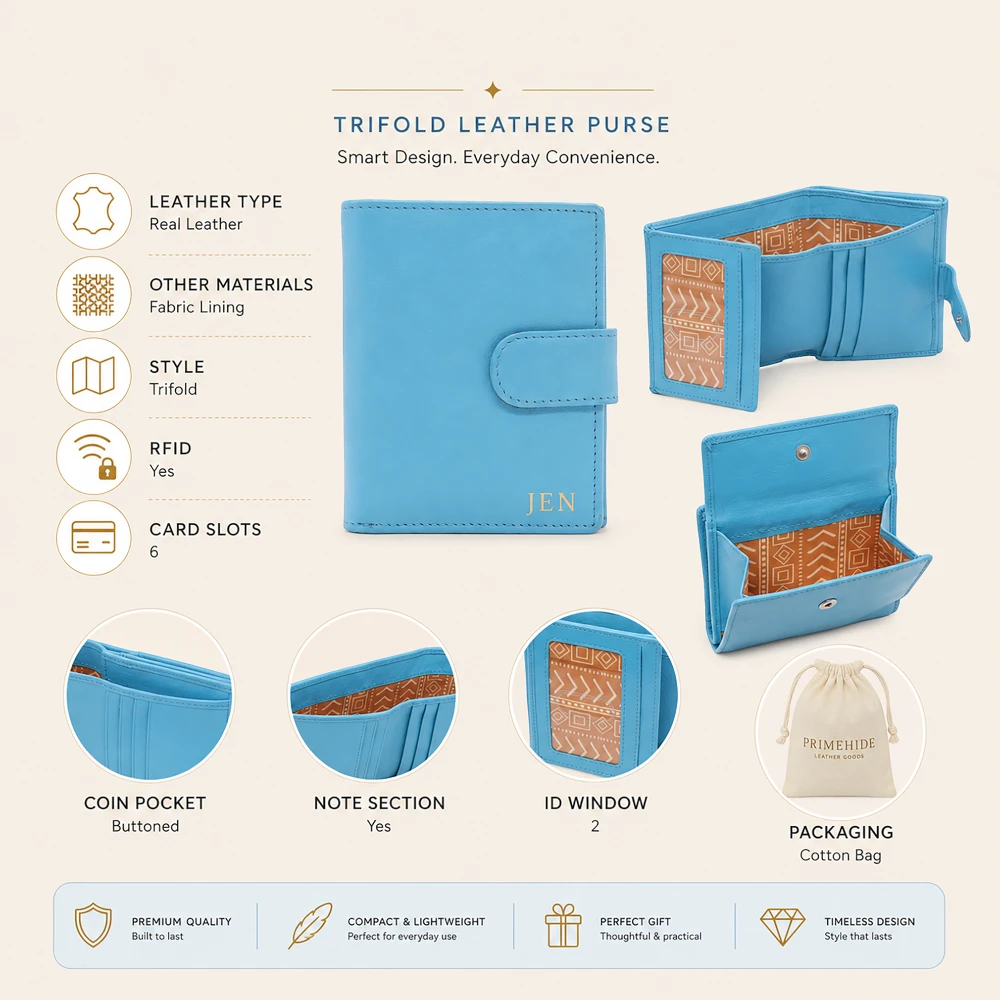 Small Real Leather Trifold Purse for Women - RFID Ladies Leather Wallet with Coin Pocket - Miami