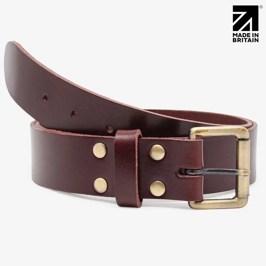 Rolled brown 35mm Italian leather belt with brass roller buckle
