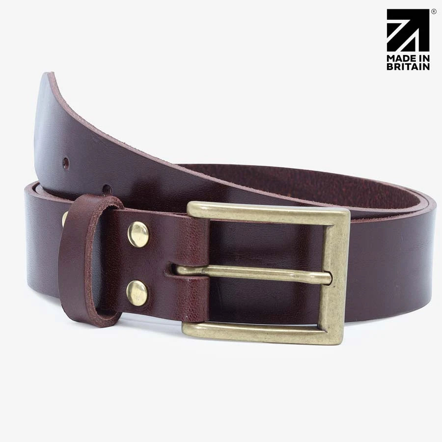 Men's brown 35mm full-grain Italian leather belt made in Britain, worn with chinos