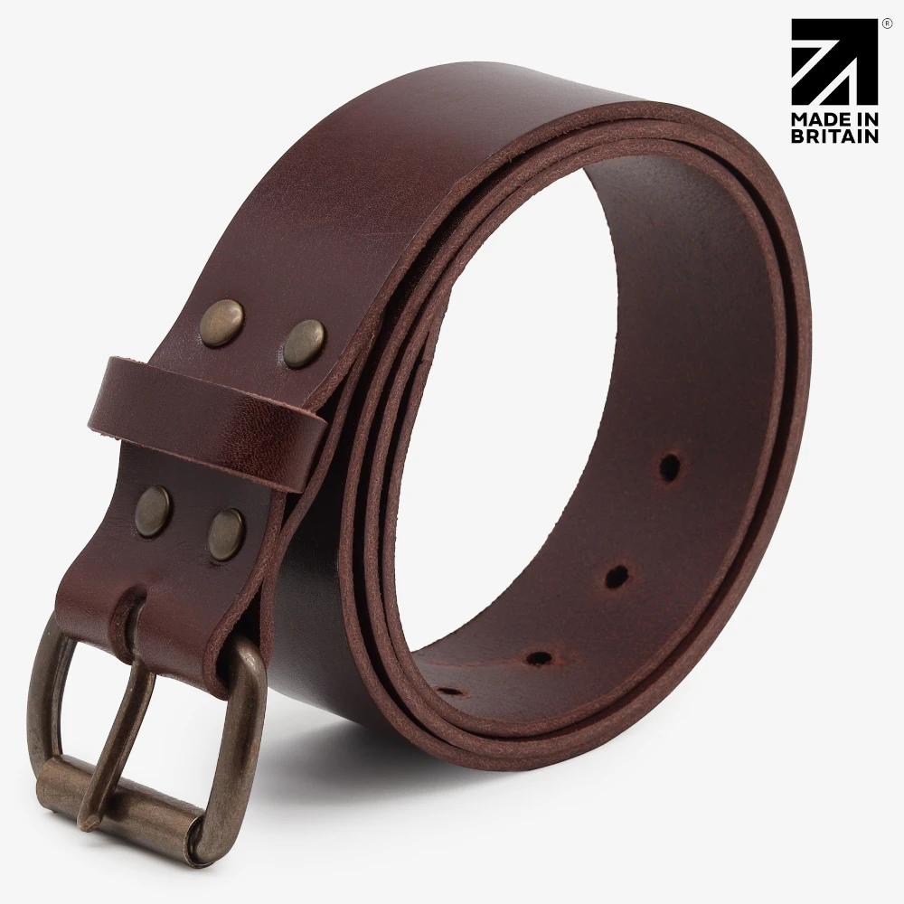 40mm Italian Full Grain Vegetable Tanned Leather Belt with Antique Brass Roller Buckle