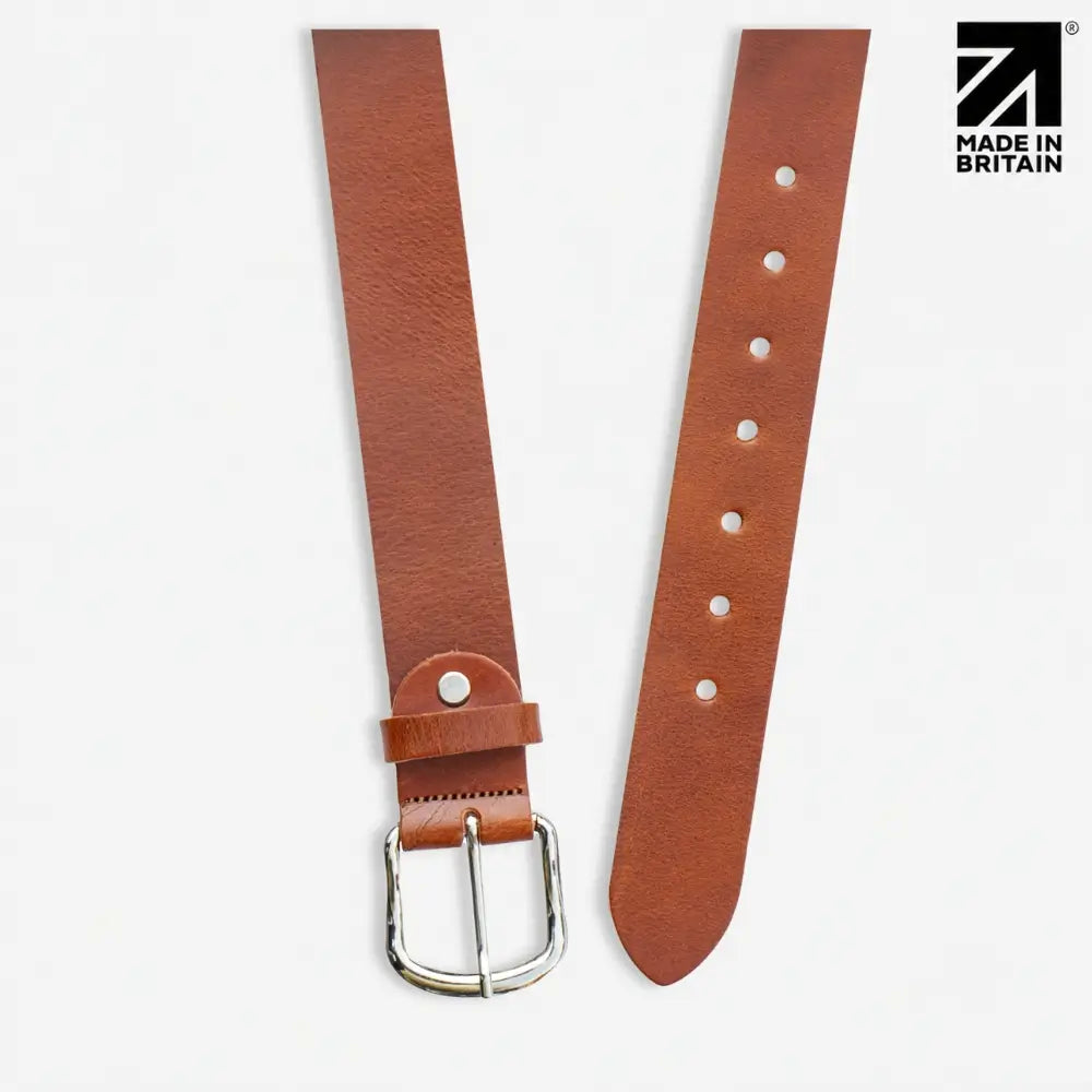 40mm Chicago Stitch Men's English Full-Grain Leather Belt - Made in Britain Tan Top Angle View