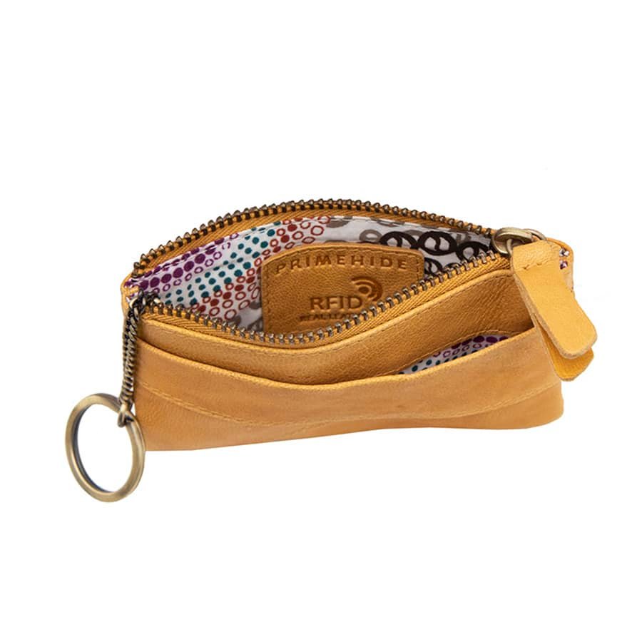 Yellow Leather Pouch | RFID Secure | Zip Purse & Keyring. top open view