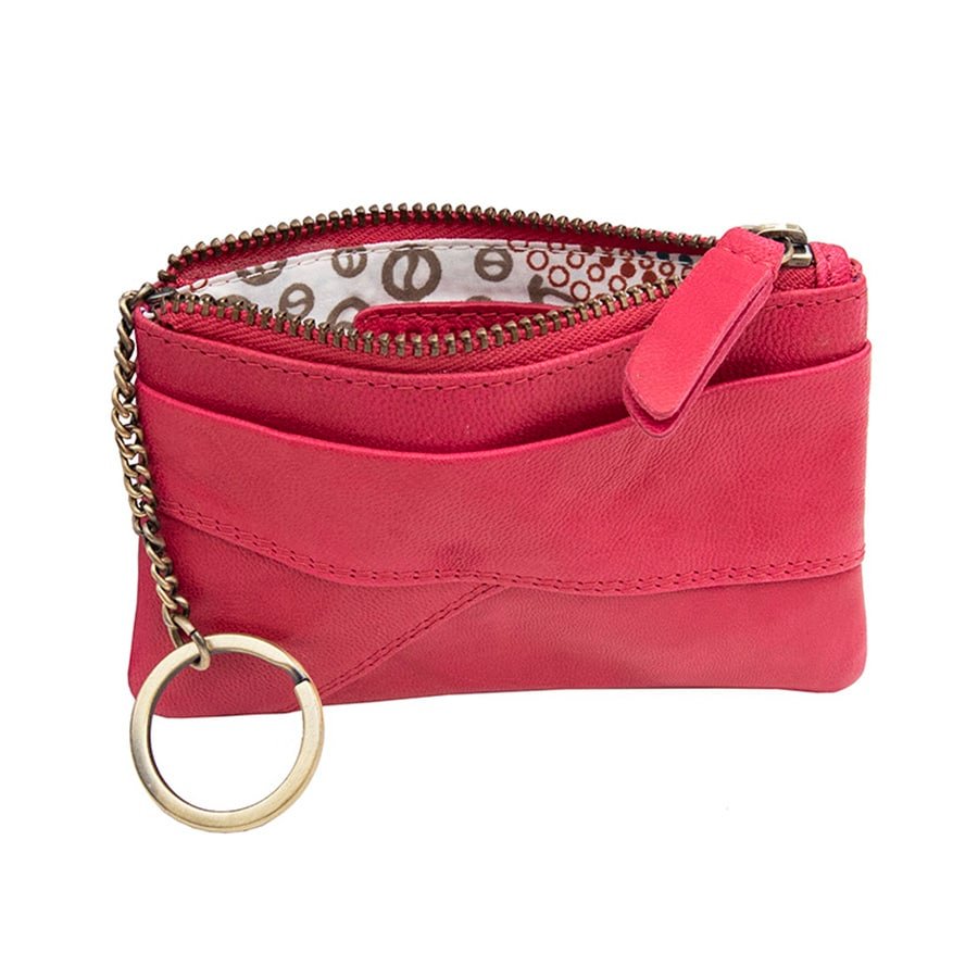 Rhubarb Leather Pouch, open view with keychain