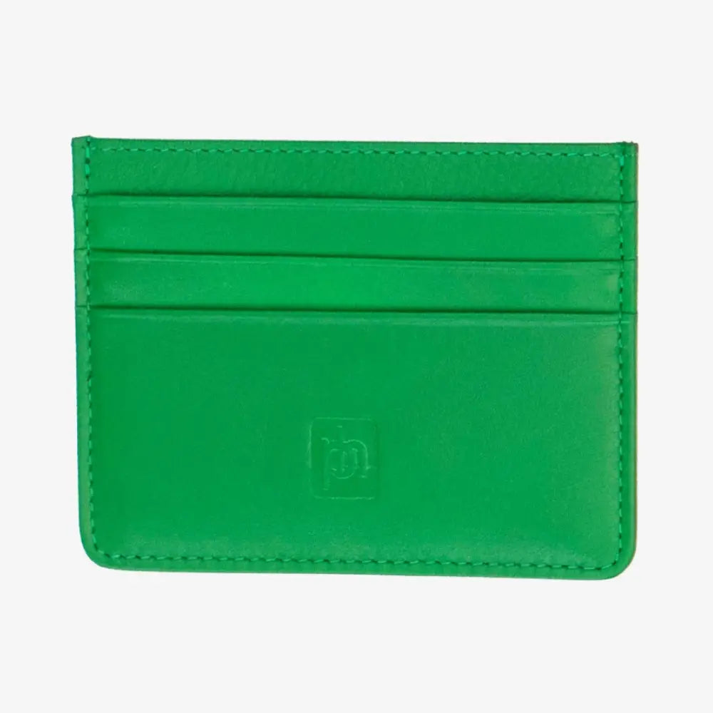 A green leather card holder wallet with three horizontal card slots and a debossed logo on the front, shown against a plain white background.