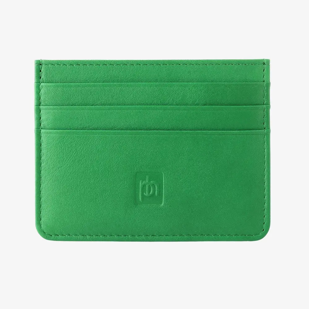 A green leather card holder wallet with multiple card slots and a debossed logo on the front, shown against a plain light gray background.