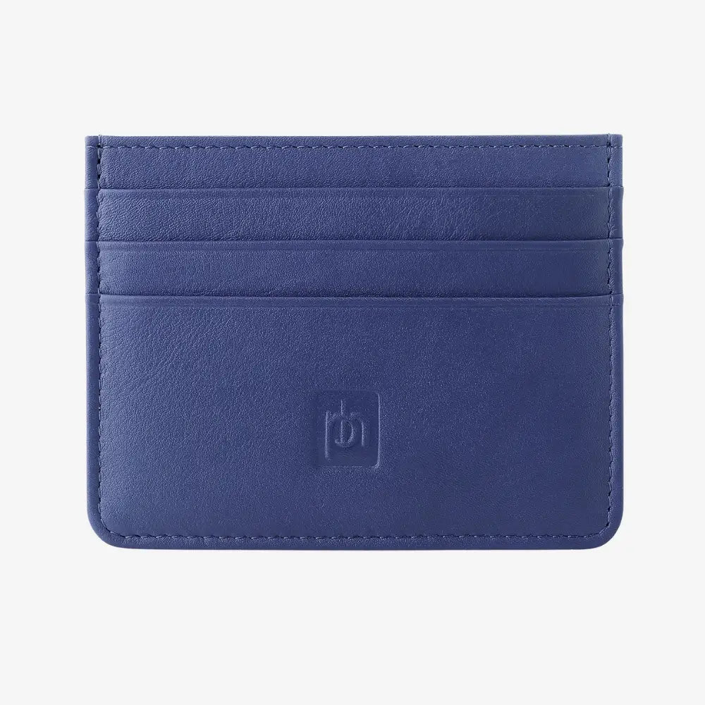A navy leather cardholder wallet with multiple card slots and a debossed logo on the front, shown against a plain light gray background.