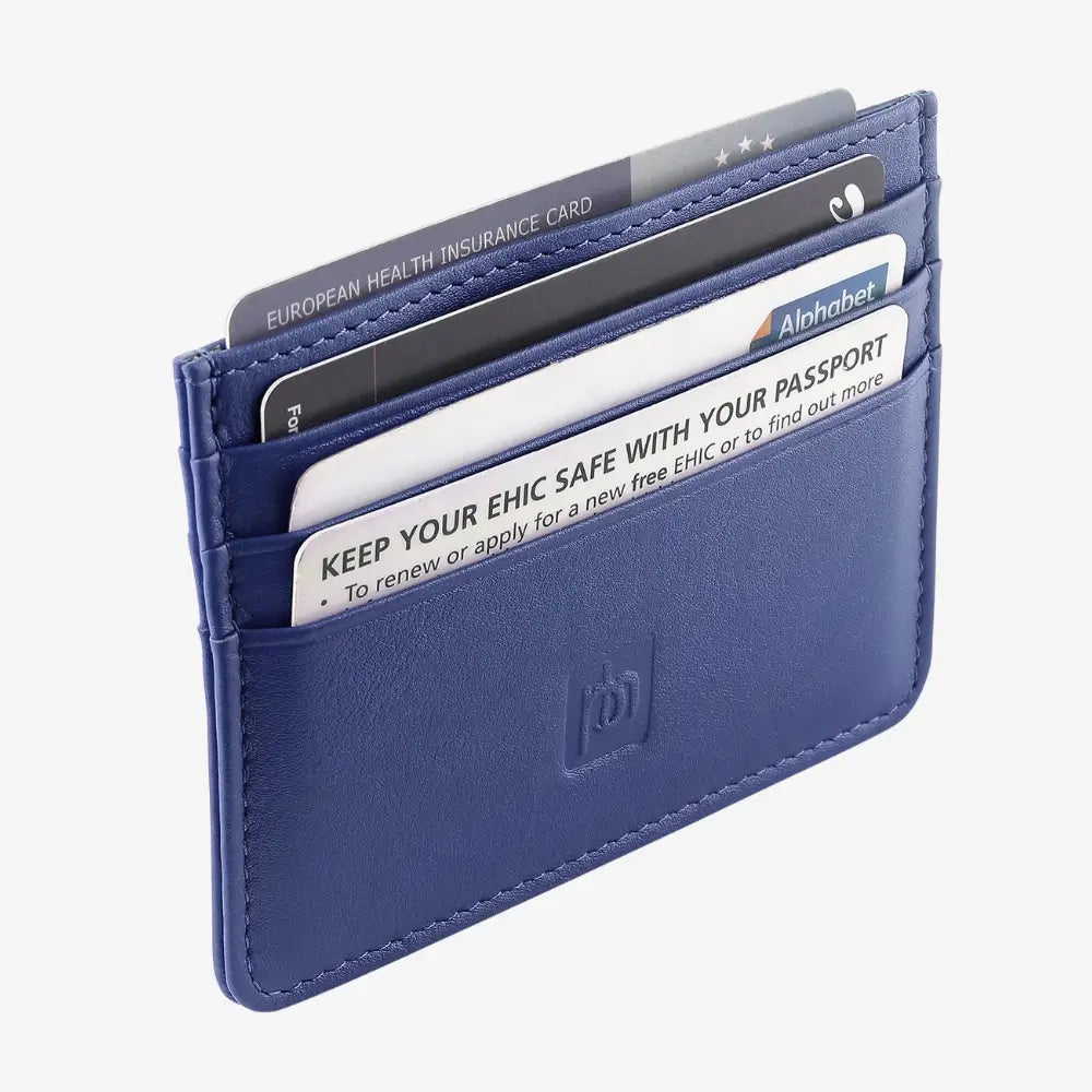 A navy leather cardholder wallet with multiple cards partially inserted, shown on a light gray background.