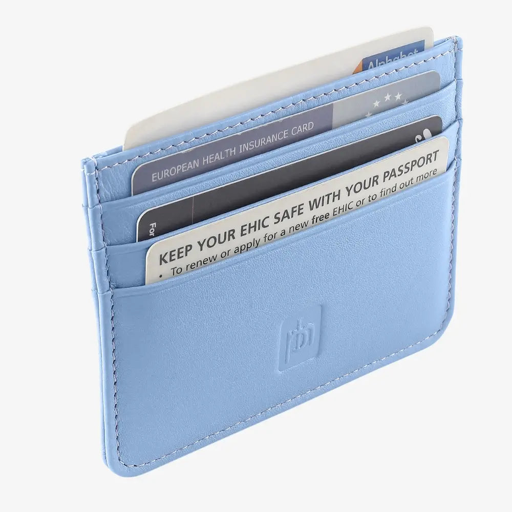 A pastel blue leather cardholder wallet with multiple card slots containing sample cards, shown on a clean white background.
