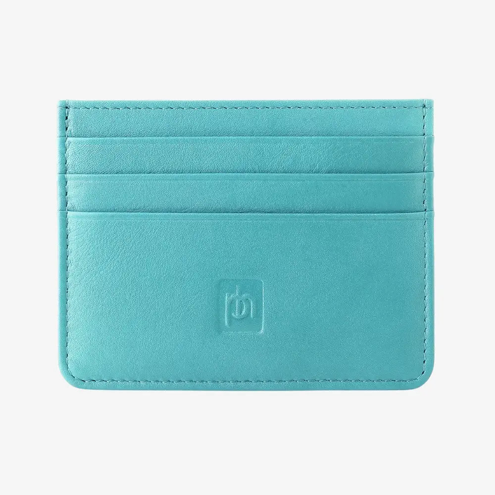 A turquoise leather card holder wallet with three card slots and a debossed logo on the front, shown against a light gray background.