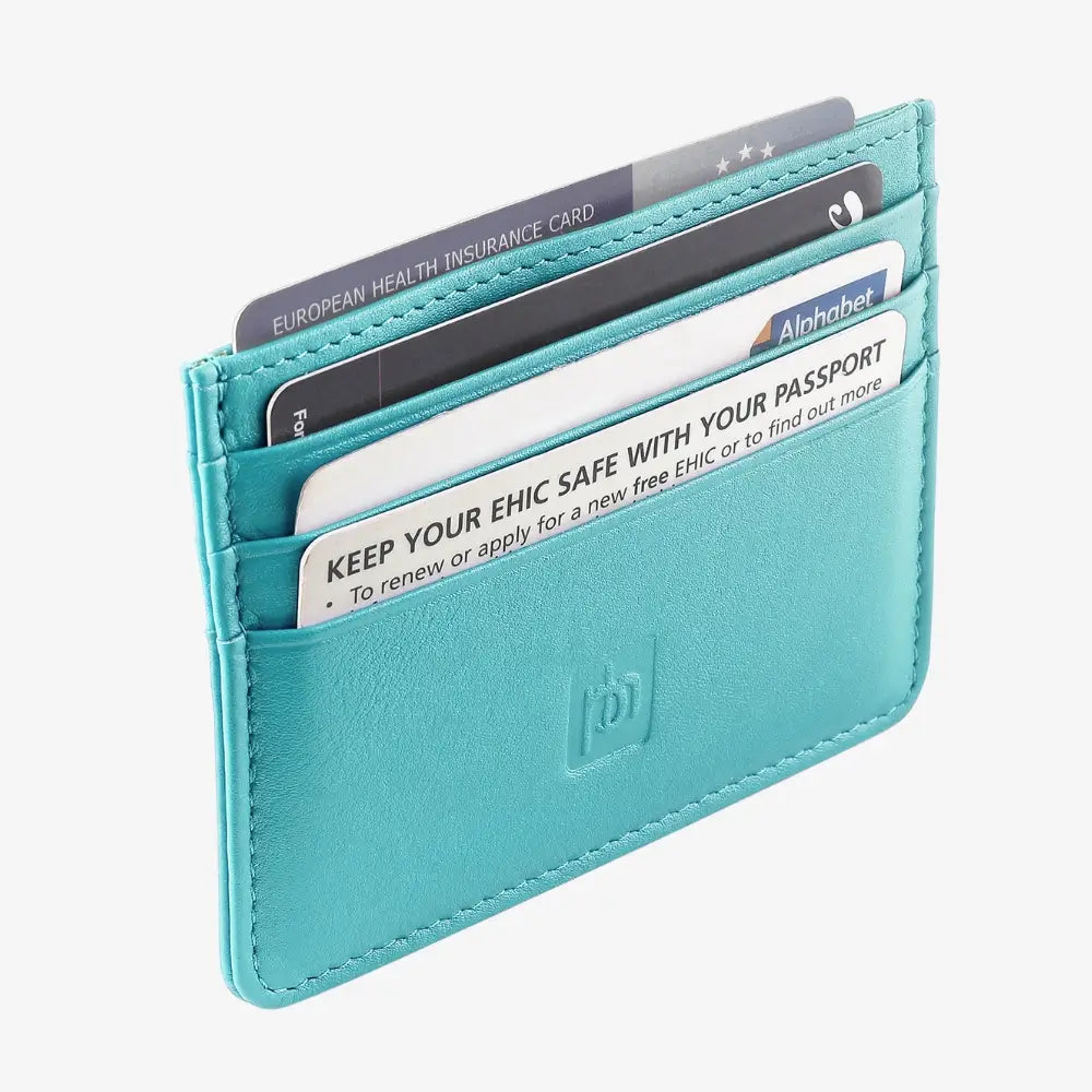 A turquoise blue leather cardholder wallet shown open with several cards inserted, photographed on a clean white background.
