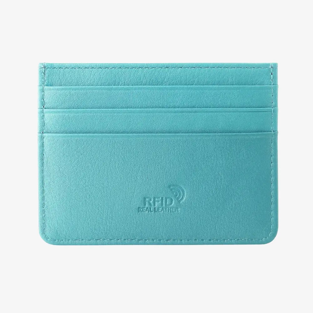 A turquoise RFID leather card holder with multiple card slots and a debossed logo on the front, shown against a plain white background.