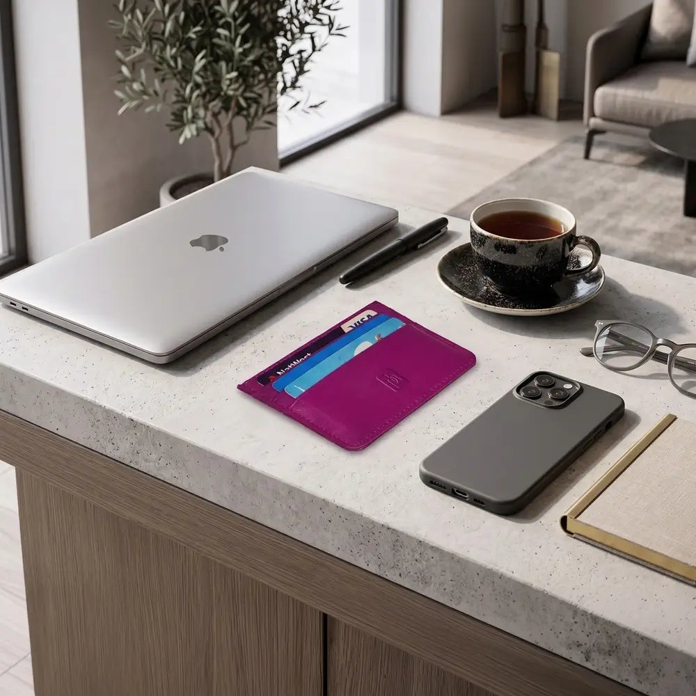 A Fuchsia slim card holder with multiple card slots is shown on a light stone countertop in a modern office setting, surrounded by a closed silver laptop, a black pen, a cup of tea, a gray smartphone case, and glasses.