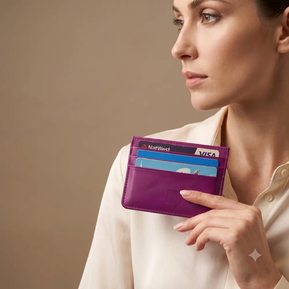 A Fuchsia slim card holder with multiple card slots is shown on a light stone countertop in a modern office setting, surrounded by a closed silver laptop, a black pen, a cup of tea, a gray smartphone case, and glasses.
