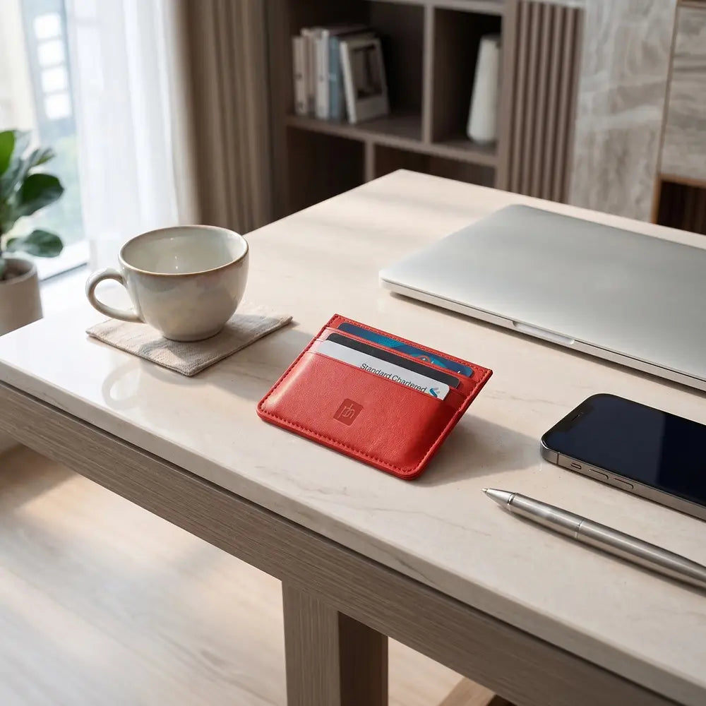 A orange leather card holder wallet with credit cards, resting on a light wood desk in a modern office setting alongside a laptop, smartphone, pen, and coffee cup.