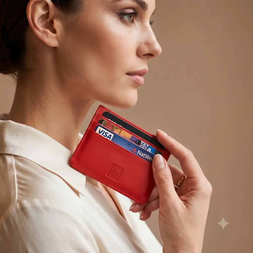 A erson holding orange leather card holder