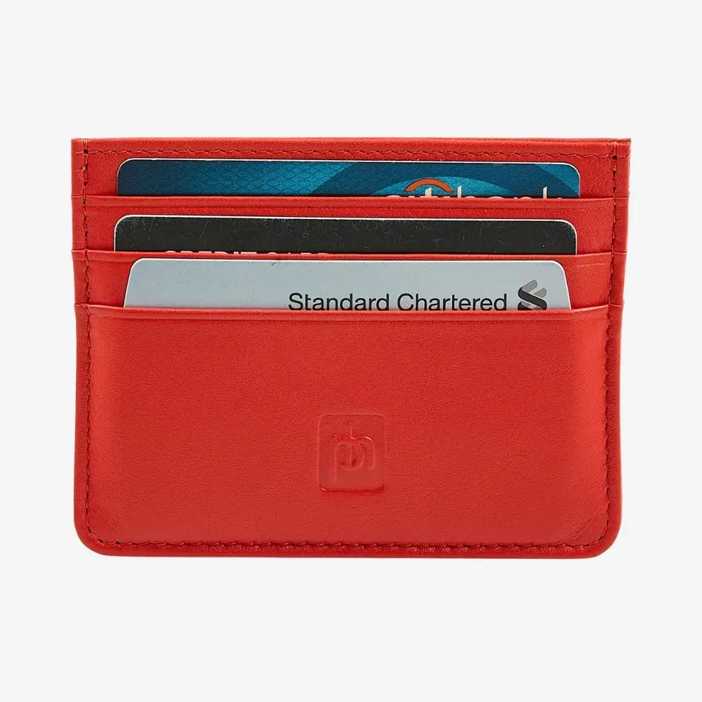 A orange leather cardholder wallet with multiple card slots containing sample cards, featuring an embossed logo on the front pocket, set against a plain light gray background.