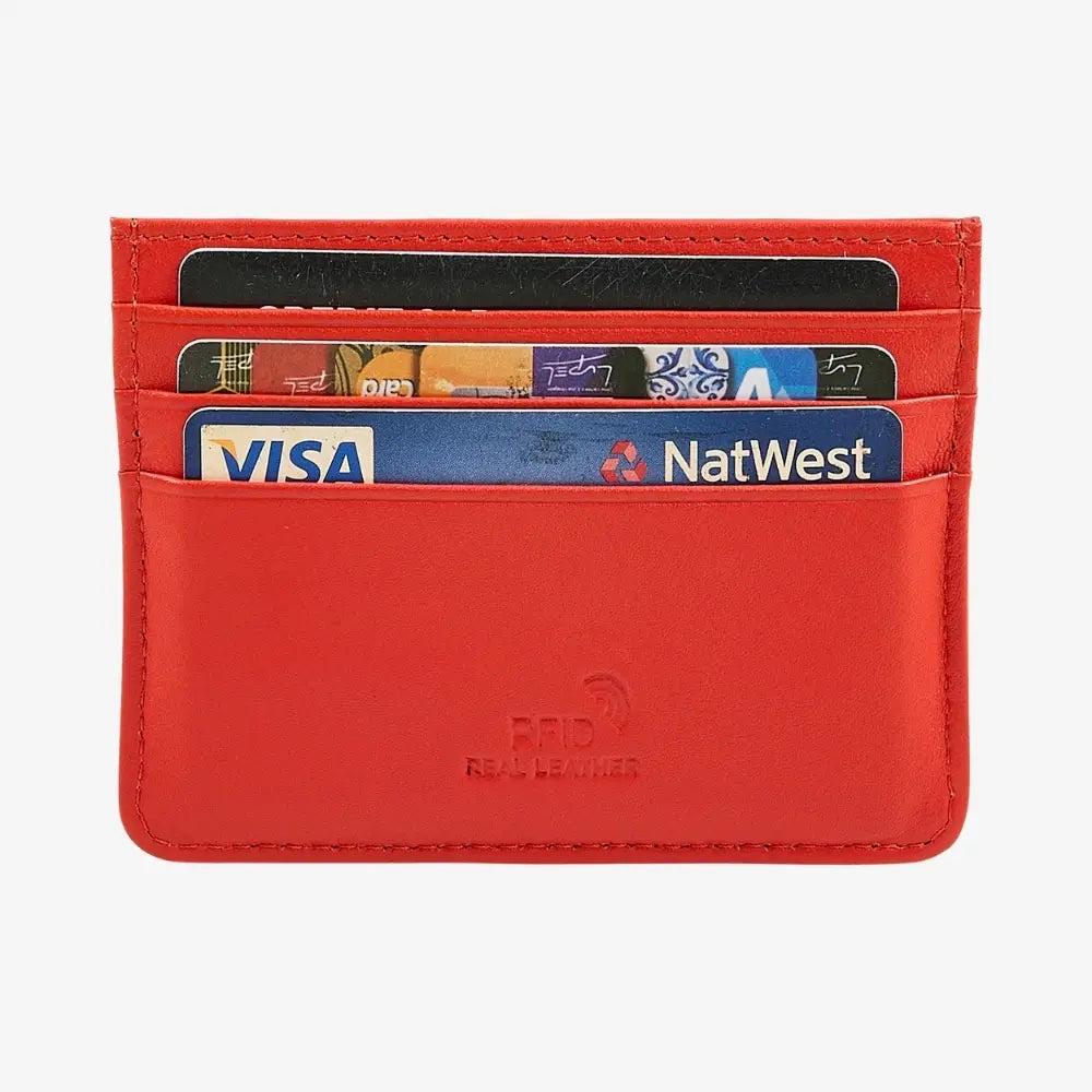A orange leather cardholder wallet with multiple card slots containing sample credit cards, featuring an embossed logo on the front pocket, set against a plain light gray background.
