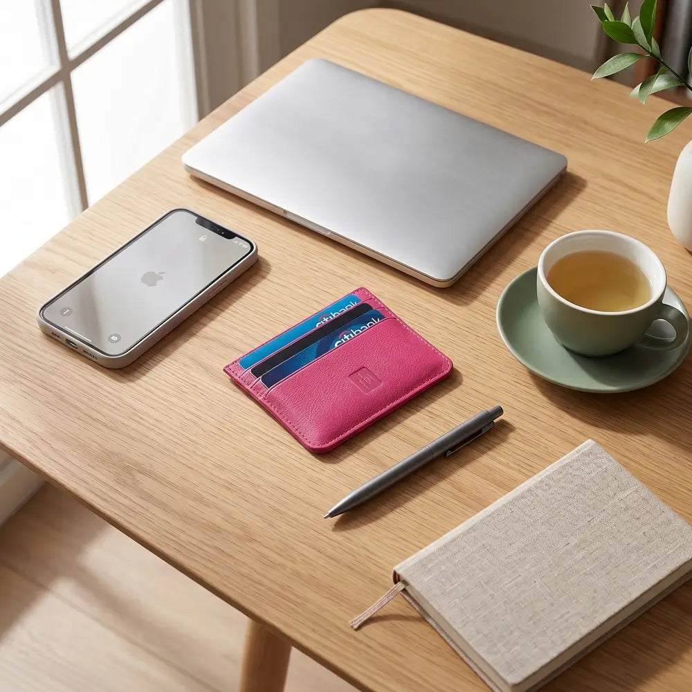 A pink leather card holder wallet with card slots, styled on a light wood desk alongside a closed silver laptop, smartphone, pen, notebook, and a cup of tea.