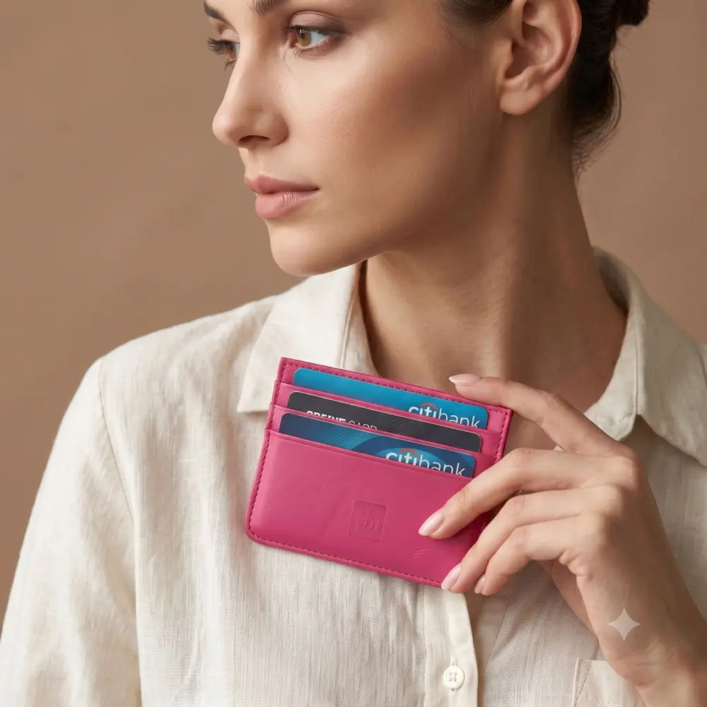 A woman in a white linen shirt holds a pink leather card holder with three blue and black credit cards inserted, against a warm beige background.