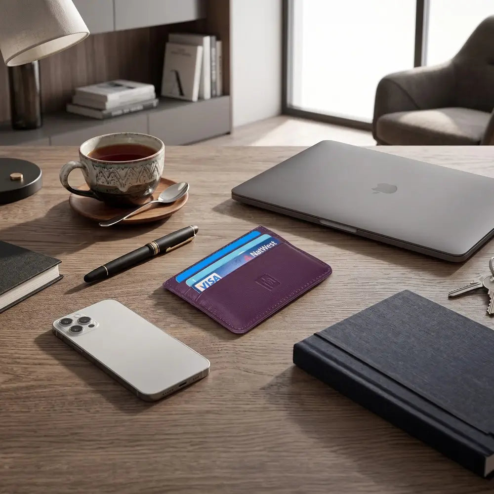 A purple slim card holder wallet with card slots and a magnetic closure, styled on a wooden desk alongside a laptop, smartphone, notebook, and coffee cup.