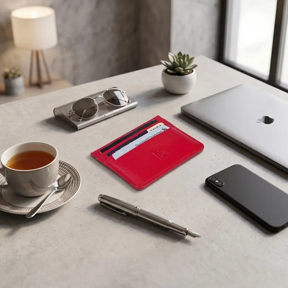 A red leather card holder wallet with card slots, styled on a light gray desk alongside a laptop, sunglasses, pen, smartphone, and a cup of tea.