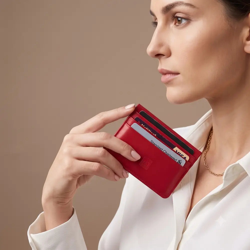 A woman in a white blouse holds a slim red leather cardholder with several cards partially inserted. The background is a solid warm beige studio backdrop.