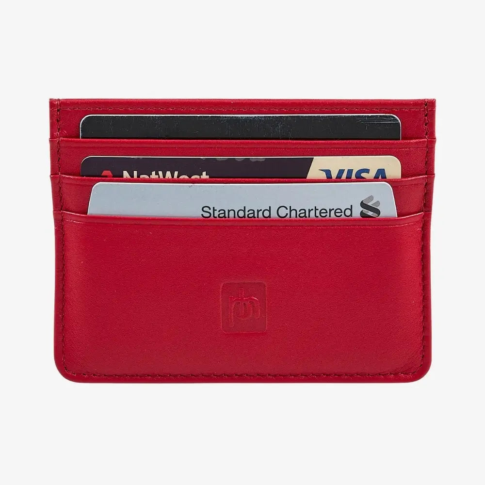 A red leather card holder wallet with multiple card slots containing sample credit cards, featuring an embossed logo on the front pocket, set against a light gray background.