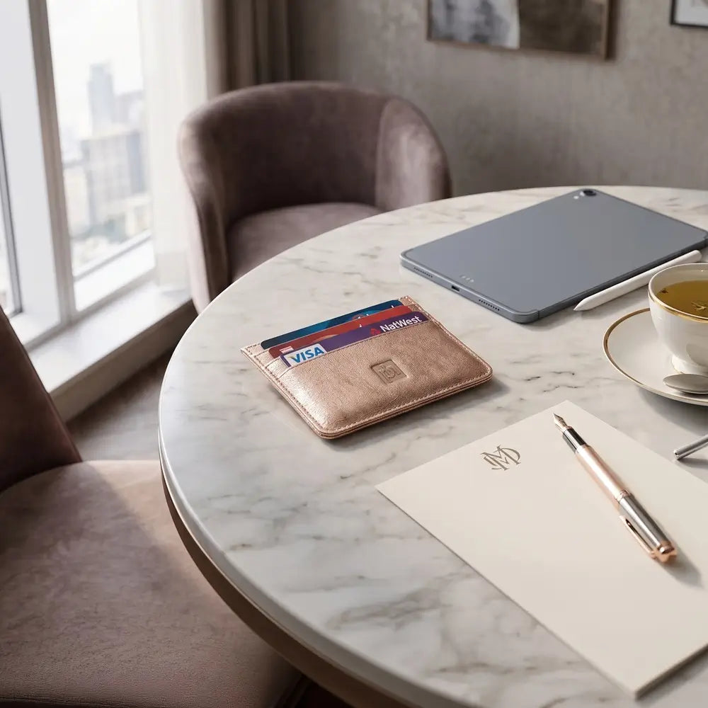 A slim rose gold leather card holder wallet with card slots, resting on a round white marble dining table in a modern room setting alongside a tablet, notepad, and pen.