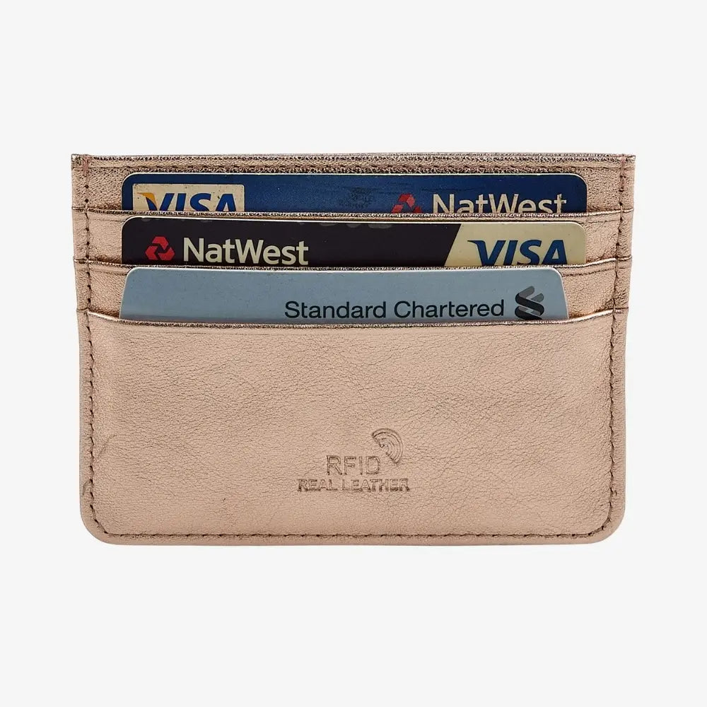 Arose gold  leather cardholder wallet with three cards inserted, featuring an embossed 'RFID REAL LEATHER' logo on the front, set against a plain white background.