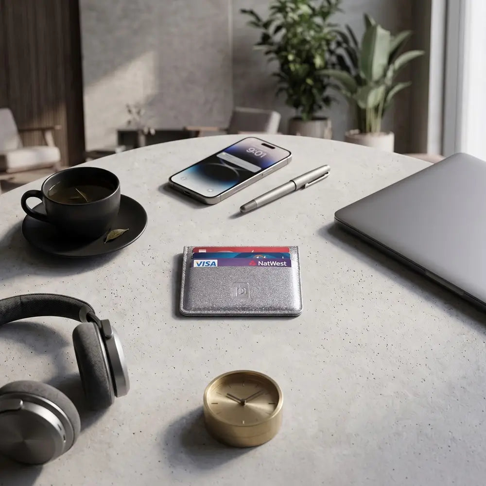Lifestyle view of sliver card holder .