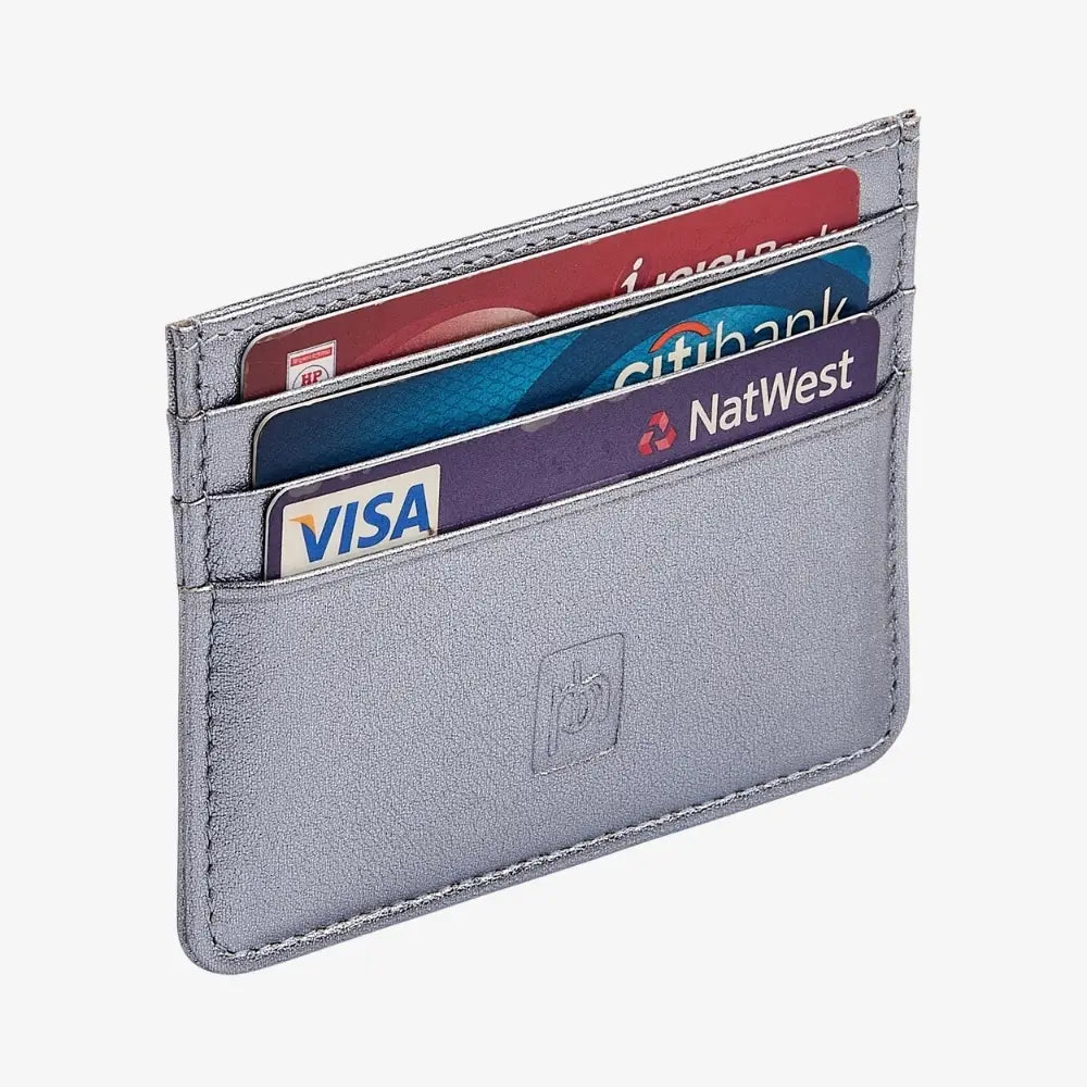 Side angle view of sliver leather card holder on agrey background.