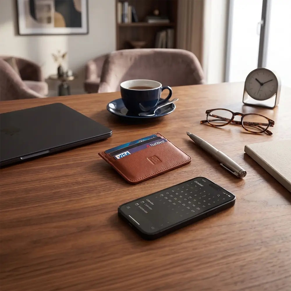 A tan leather card holder wallet with an embossed logo, holding two cards, sits on a wooden desk surrounded by a black laptop, smartphone, eyeglasses, pen, notebook, and a blue coffee cup.