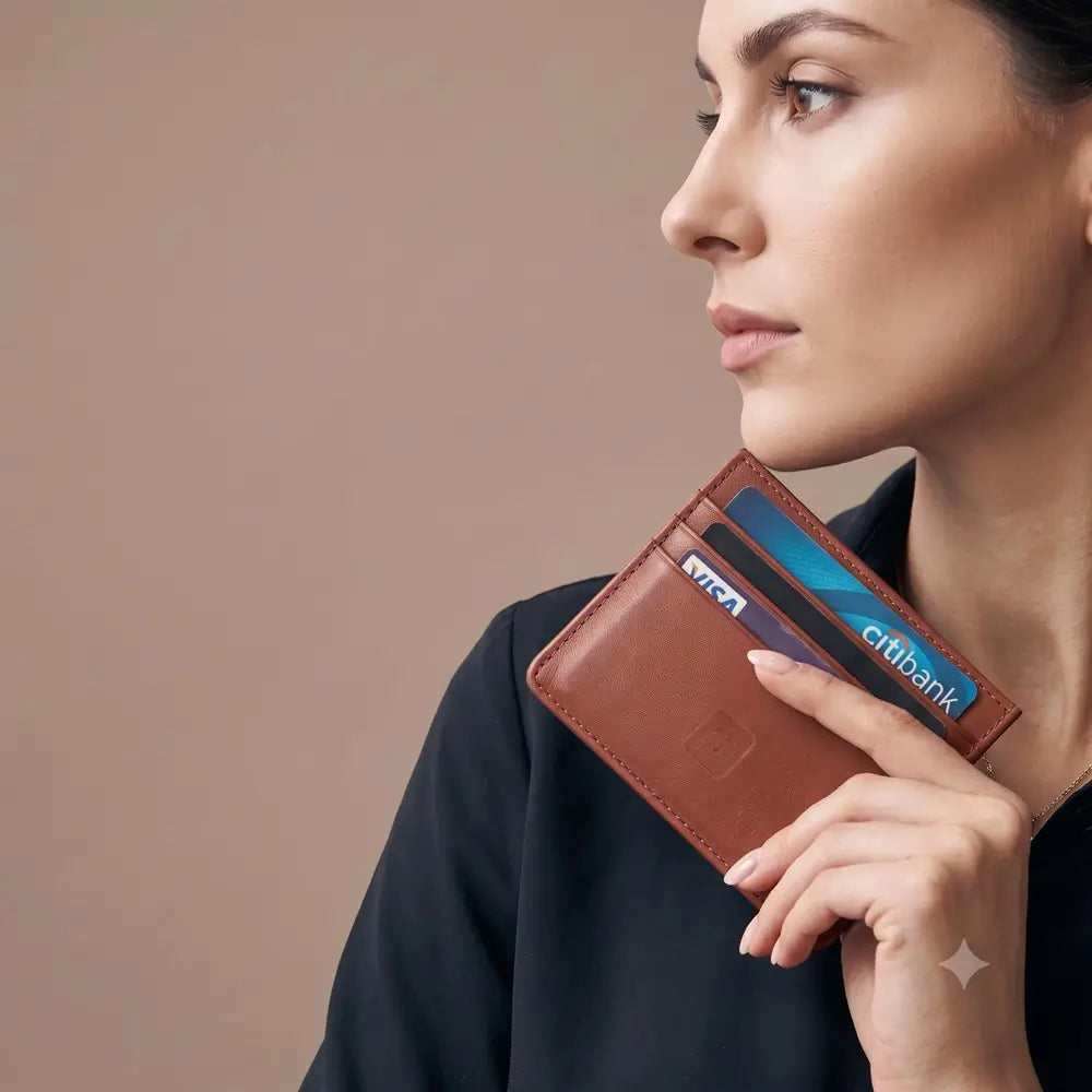 A woman in a black top holds a slim tan leather cardholder with visible card slots and cards, photographed against a plain warm beige background.