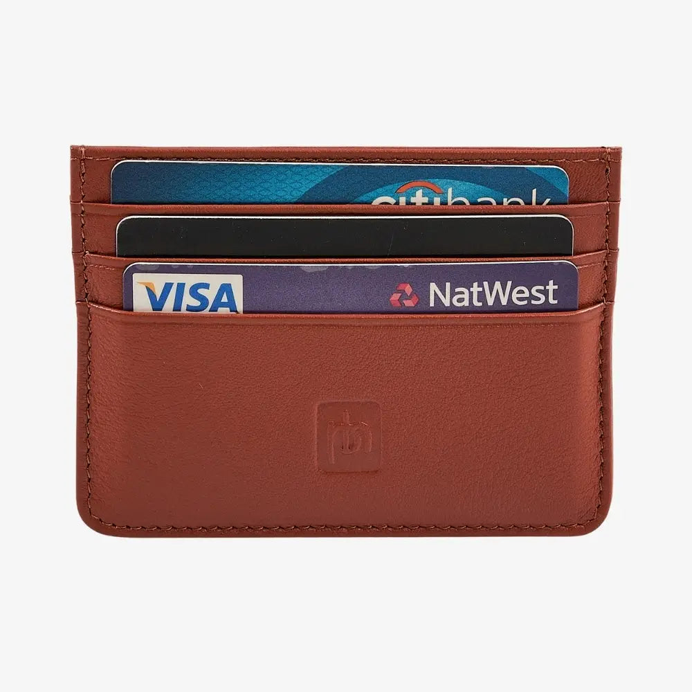 A tan leather cardholder wallet with three card slots containing demo cards (Visa, NatWest, Citibank), shown on a light gray background.