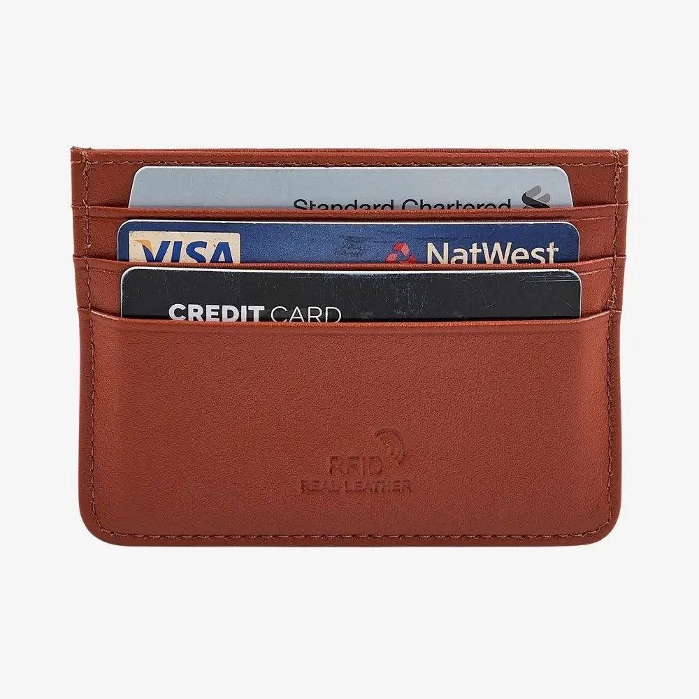 Front view of tan leather card holder with multiple card holders